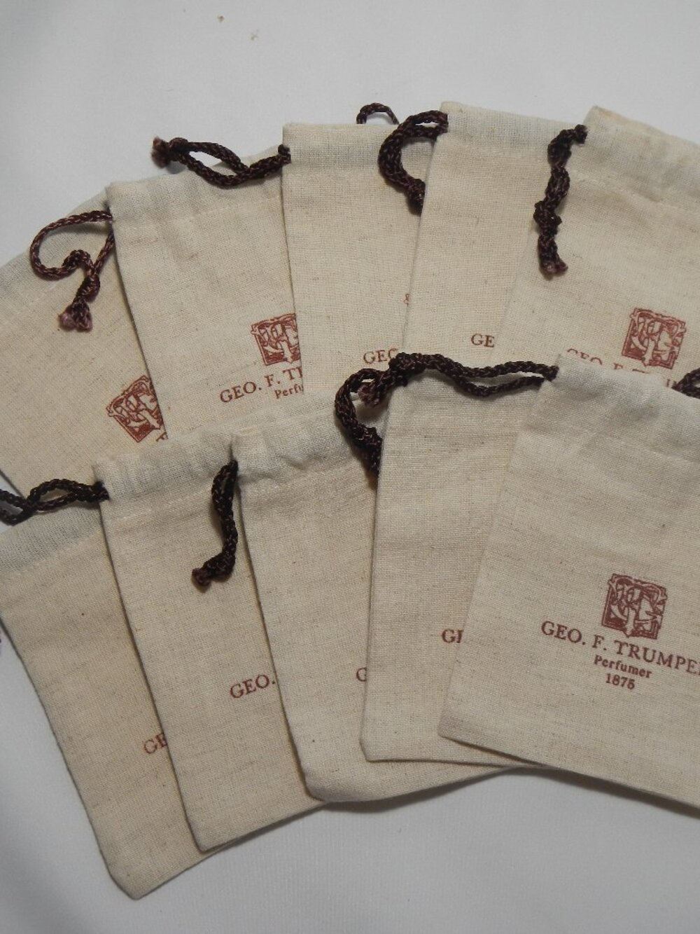 Lot of 10 Geo F Trumper Burlap Cotton Linen Drawstring Bags Gift Bag Cloth